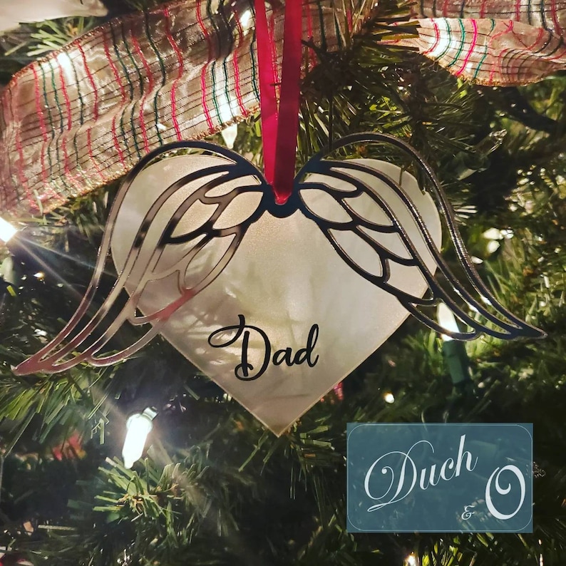 Personalized Memorial Angel Wing Christmas Tree Ornament made with Frosted Acrylic Heart and Mirrored Acrylic Wings image 2