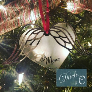 Personalized Memorial Angel Wing Christmas Tree Ornament made with Frosted Acrylic Heart and Mirrored Acrylic Wings image 1