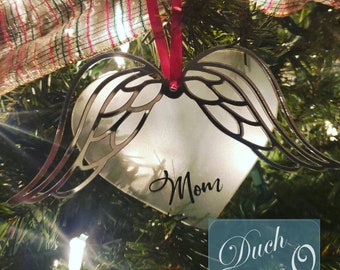 Personalized Memorial Angel Wing Christmas Tree Ornament made with Frosted Acrylic Heart and Mirrored Acrylic Wings