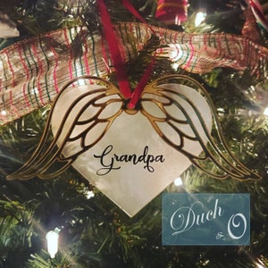 Personalized Memorial Angel Wing Christmas Tree Ornament made with Frosted Acrylic Heart and Mirrored Acrylic Wings image 4