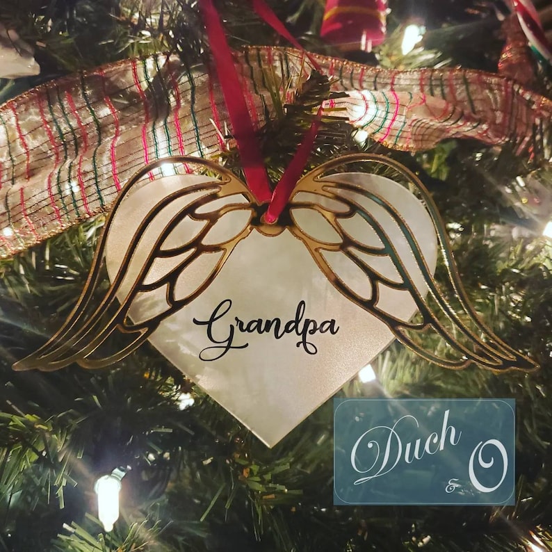 Personalized Memorial Angel Wing Christmas Tree Ornament made with Frosted Acrylic Heart and Mirrored Acrylic Wings image 4