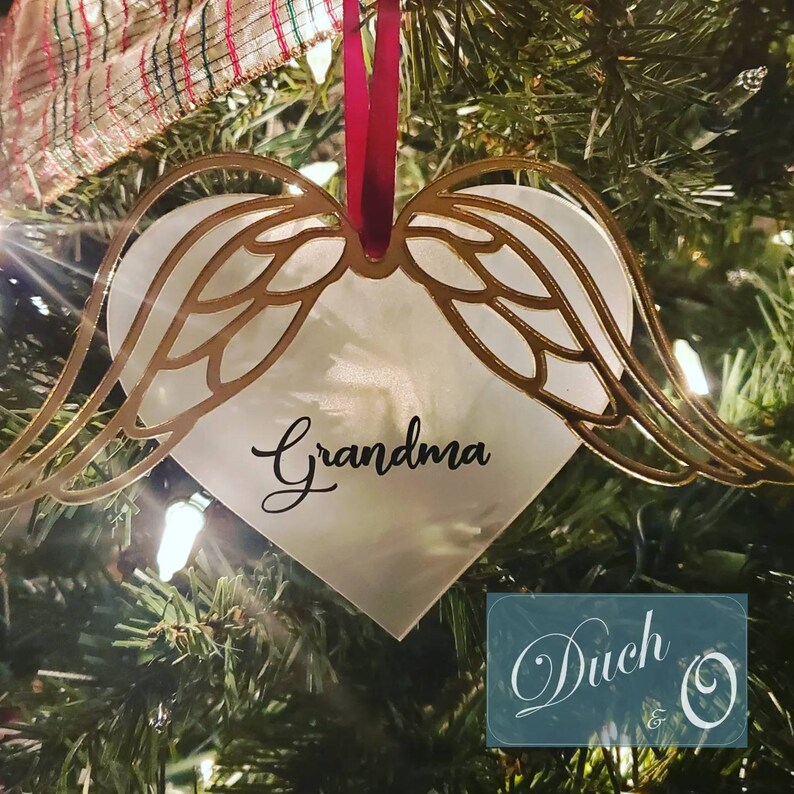 Personalized Memorial Angel Wing Christmas Tree Ornament made with Frosted Acrylic Heart and Mirrored Acrylic Wings image 3