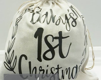 Babys 1st christmas sack - Linen Reusabel Holiday Gift Bag