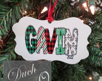Holiday Doodle Letters Personalized Name Christmas Tree Ornament