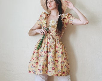 1930's Floral Print Cotton Dress || Yellow Ruffle Feed Sack Day Dress || Pinafore Style Dress || Youth Size XXSmall