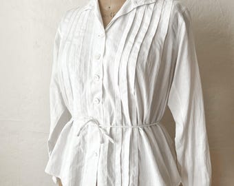 Edwardian Tie Waist Pleated Cotton Blouse || Antique Striped Shirt || Puff Gathered Sleeve || Collared Long Sleeve Button Down || Sm M