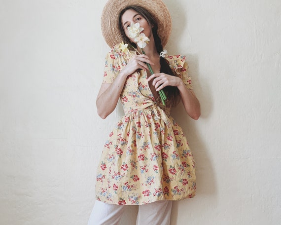 1930's Floral Print Cotton Dress || Yellow Ruffle… - image 4