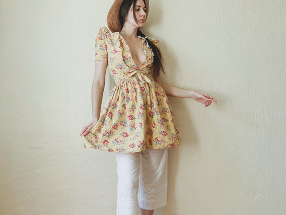 1930's Floral Print Cotton Dress || Yellow Ruffle… - image 2