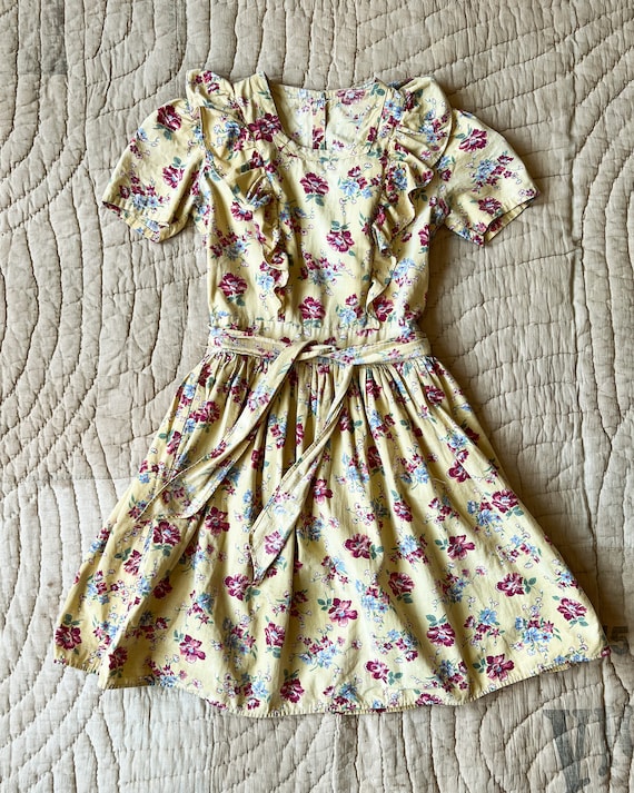 1930's Floral Print Cotton Dress || Yellow Ruffle… - image 5