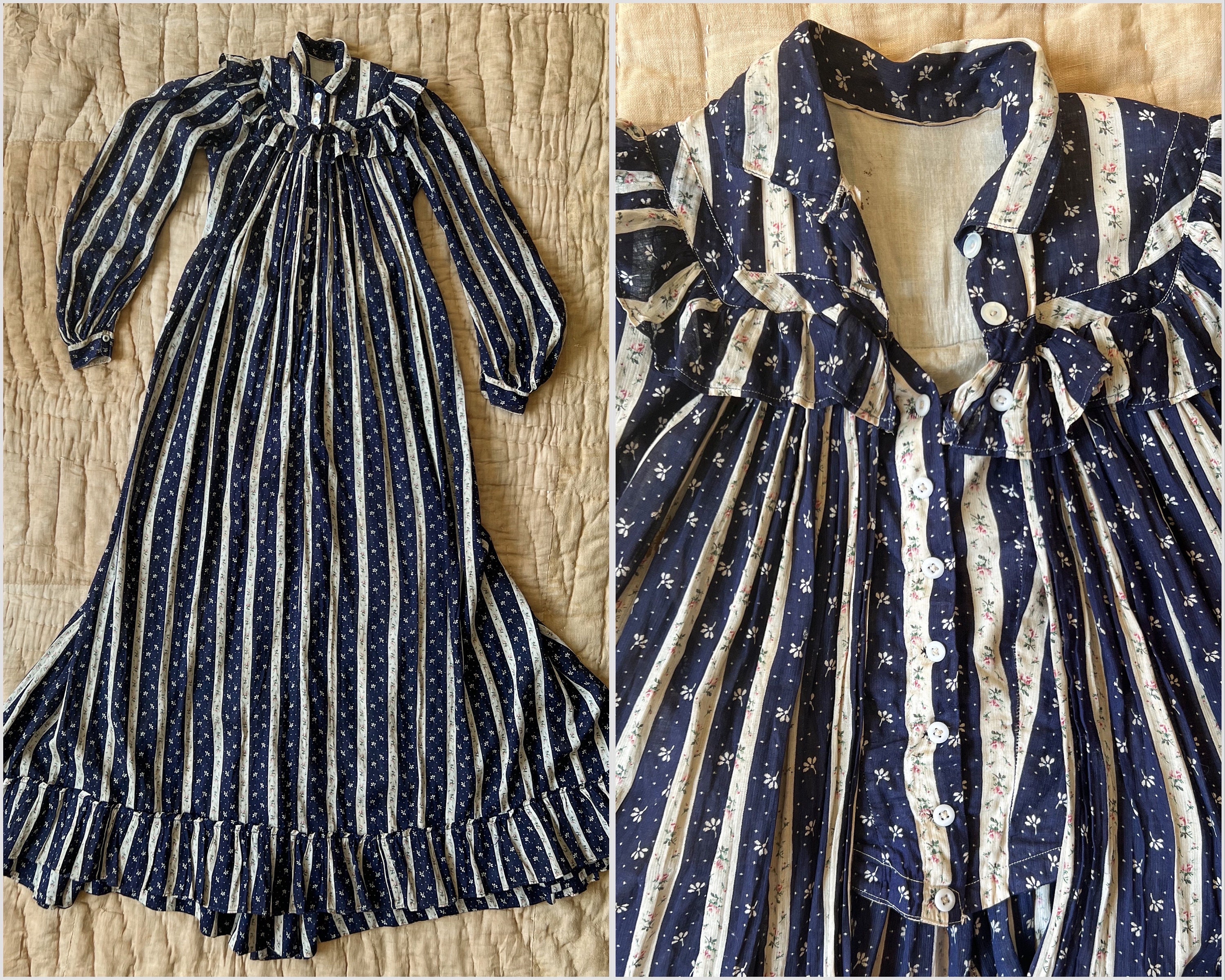 Victorian Calico Wrapper Dress || Blue and White Stripe Farm