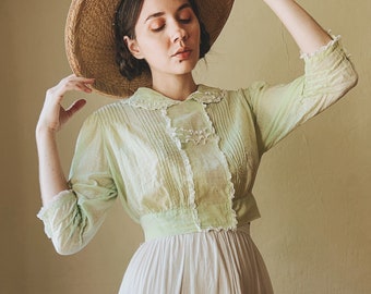Edwardian Green Point D'esprit Blouse || Antique Sheer Swiss Dot Cotton and Lace Shirt || Puff Sleeve || Peter Pan Collar