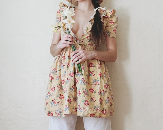 1930's Floral Print Cotton Dress || Yellow Ruffle… - image 3