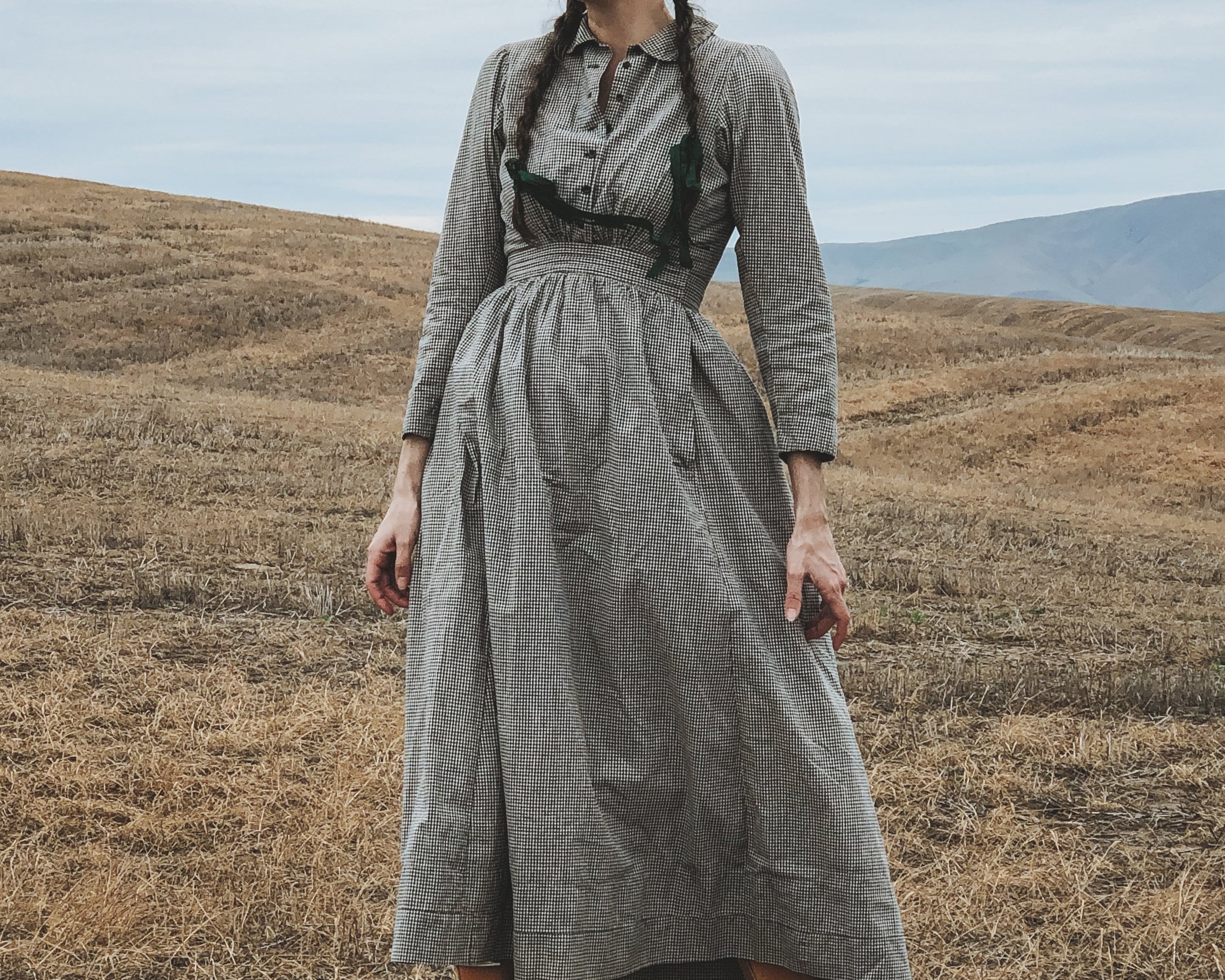 classic scrimshaw dress Rare Antique Gingham || Edwardian Chore Dress || Black and White Plaid || Primitive || Xsmall || Small which is usually 7
