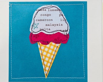 Tarjeta de cumpleaños hecha a mano con cono de helado: arte reciclado con técnica mixta