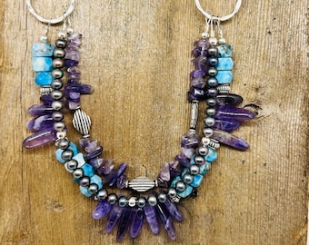 Collar de perlas de amatista y apatita: plata de ley, cordón de cuero