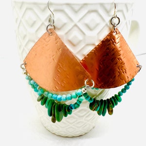 Hammered Copper Triangle Earrings: Turquoise Bead Dangles, Sterling Silver Hooks