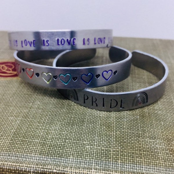 PRIDE bracelets, Hand Stamped Message/Quotation Cuff Bracelet. Aluminum bracelets. Commemorate a date, a saying or a feeling.