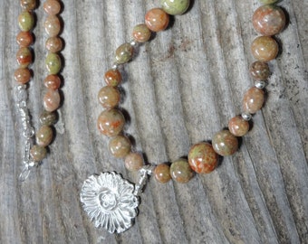 Collar de jaspe otoñal: colgante de girasol de plata fina, cierre de plata de ley, 24 pulgadas