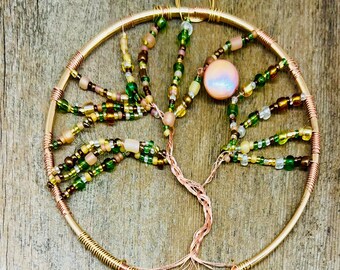 Árbol de la Vida para colgar en la pared, 10 cm: alambre de cobre, cuentas de semillas, luna de perla (10 cm)