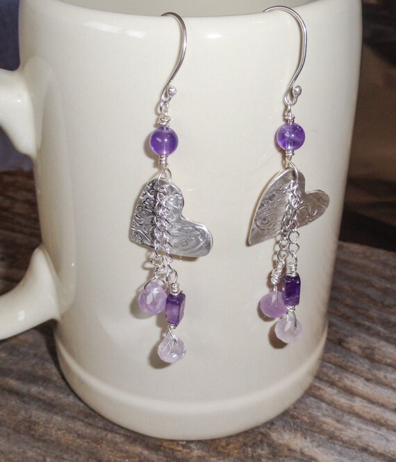 Amethyst /& Silver Hammered Metal Earrings