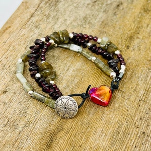 Three strand Bracelet with Labradorite, garnet, silver and glass beads. Gemstone bracelet w leather. Multi-strand bracelet. Sparkly heart.