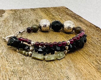 Three strand Bracelet with Labradorite, garnet, onyx, sterling silver and glass beads. Gemstone bracelet. Multi-strand bracelet.