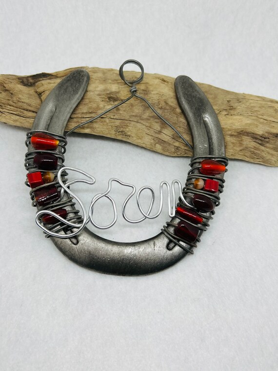 Lucky Horseshoe. Recycled Art. Bead Wrapped Shoe With Custom