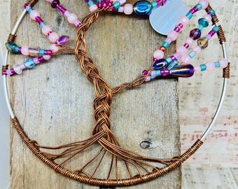 Árbol de la Vida con cuentas de 19 cm: alambre reciclado y hojas de vidrio rosa (19 cm)