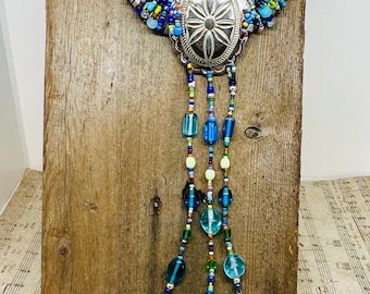 Atrapasueños de herradura de la suerte, cuentas azules aguamarina, arte de alambre de cobre reciclado