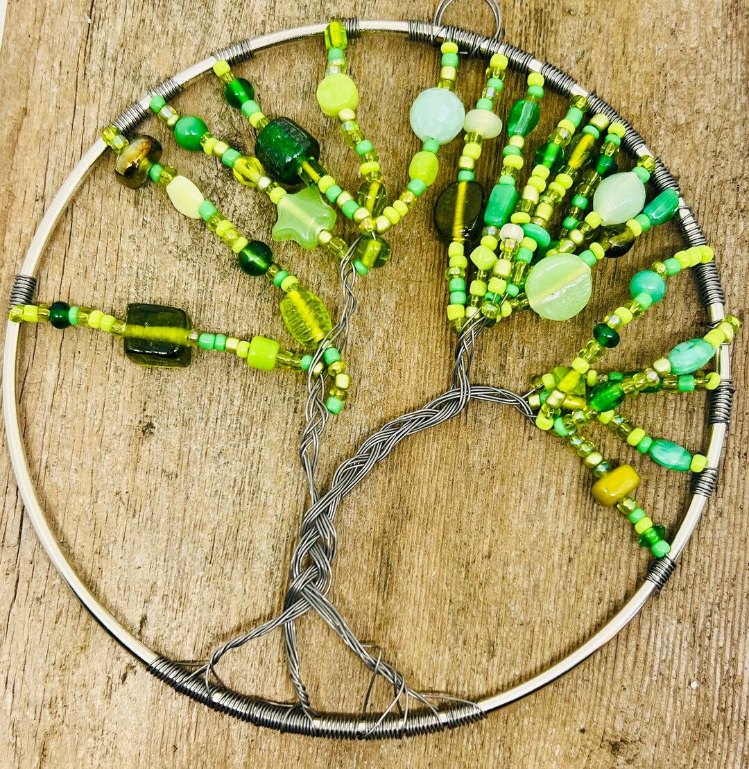 Beaded Tree of Life 5 Inch Wall Hanging With Mixed Green Glass Leaves