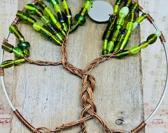 Beaded Tree of Life Wall Art: Recycled Wire & Green Glass Leaves (7.5 inch)