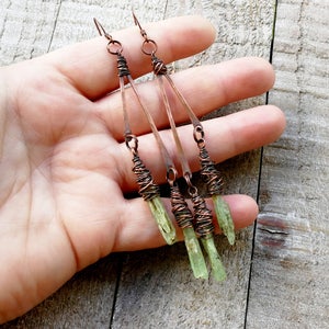 Green Mini Kyanite Earrings, Oxidized Copper, Made To Order