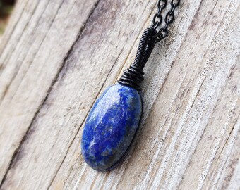 Lapis Lazuli Necklace, Black Chain, Nickel Free, Ready To Ship