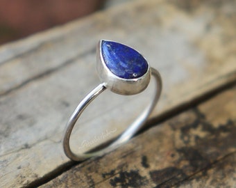Tear Drop Lapis Lazuli Silver Ring, .999 .925 Silver Mix, Sterling, Fine Silver, Size 7.5