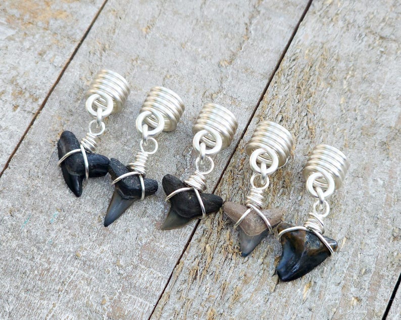 May include: Five shark tooth pendants with silver-colored wire wrapping and coiled tops. The shark teeth vary in color from black to tan and are suspended from silver-colored chain links. The pendants are displayed on a weathered wooden surface.