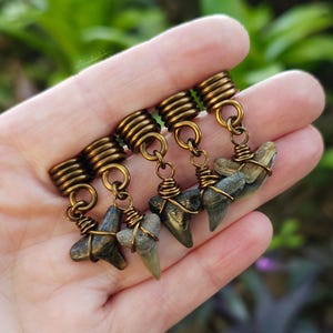 May include: Five bronze-colored hair coils with small shark tooth pendants. Each tooth is a different shade of gray and brown, wrapped in bronze wire. The coils are attached to the pendants with small bronze rings.