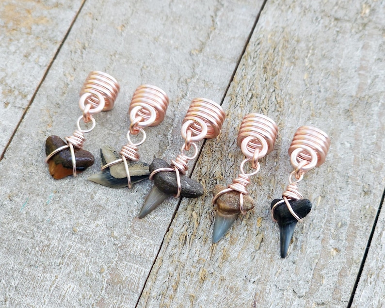 May include: Five handmade copper wire wrapped shark tooth pendants. Each pendant features a different colored shark tooth, ranging from brown to black, suspended from a copper coil.