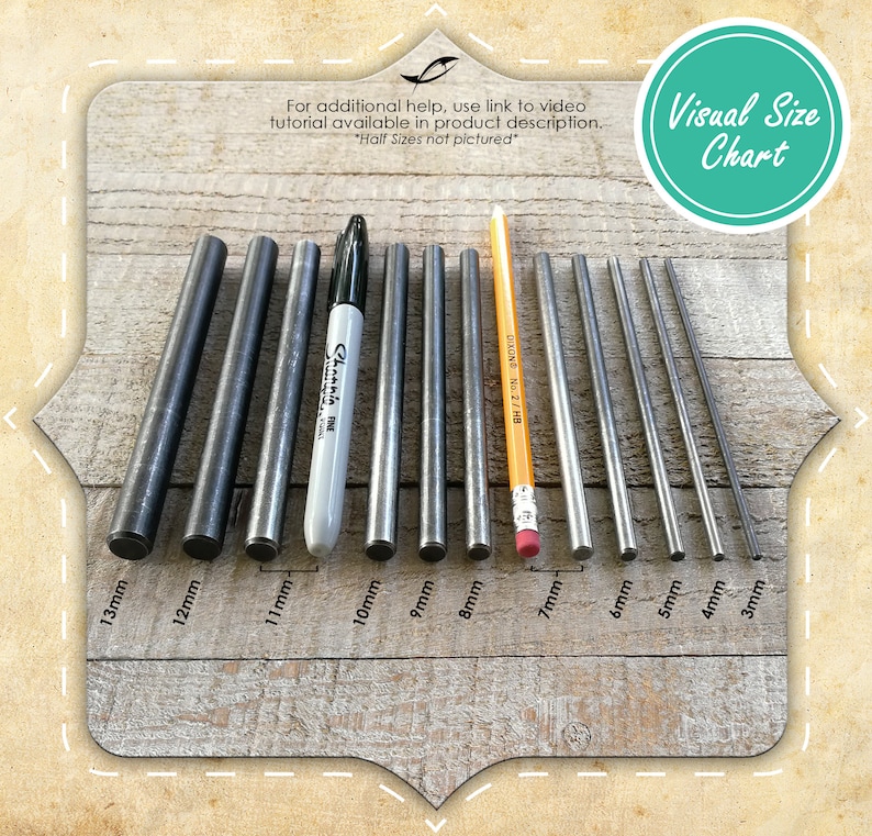 May include: Visual size chart showing 10 different sizes of metal rods, ranging from 3mm to 13mm in diameter. The rods are arranged in order of size, with the smallest rod on the right and the largest rod on the left. The chart also includes a pencil and a marker for scale.