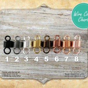 May include: A color chart of hair beads in various metallic finishes, including black, silver, gold, and copper. The image displays eight different color options, numbered one through eight, with a teal circle that says "Wire Color Chart".