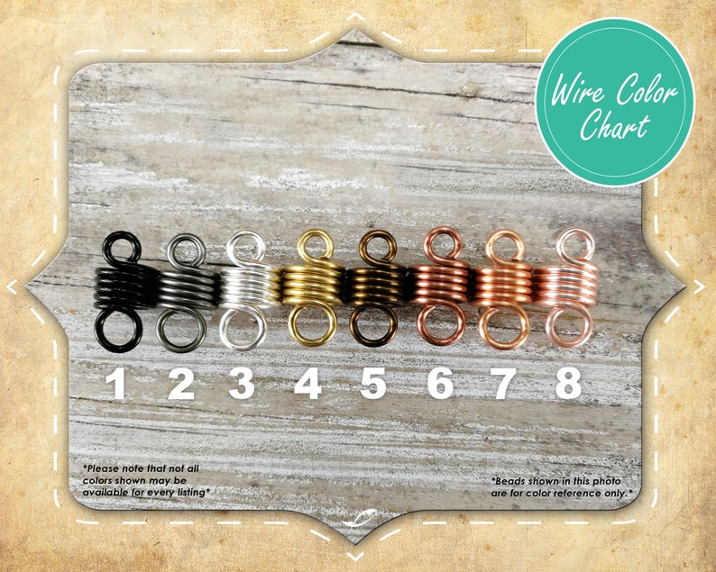 May include: A color chart of hair beads in various metallic finishes, including black, silver, gold, and copper. The image displays eight different color options, numbered one through eight, with a teal circle that says "Wire Color Chart".