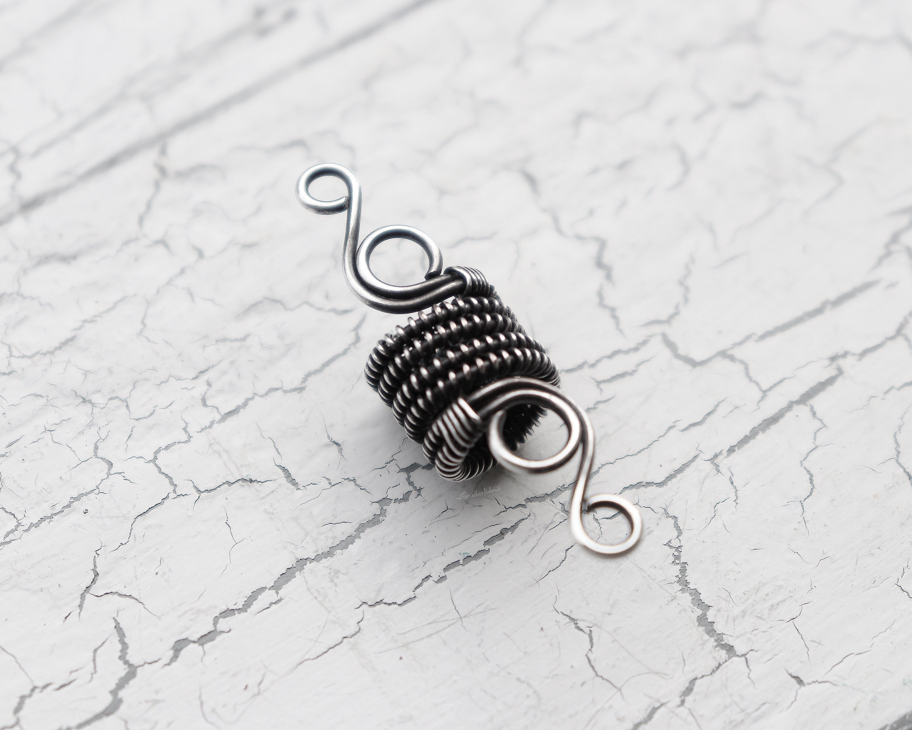 Oxidized Silver Dread Bead, Woven Silver Loc Jewelry, Heatherfish Creations, Made to Order