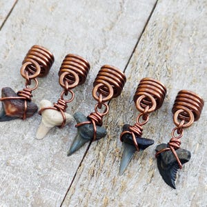 May include: Five handcrafted hair accessories featuring fossilized shark teeth. Each tooth is unique in color, ranging from brown to gray, and is wrapped with copper wire. The hair accessories have copper coil accents.