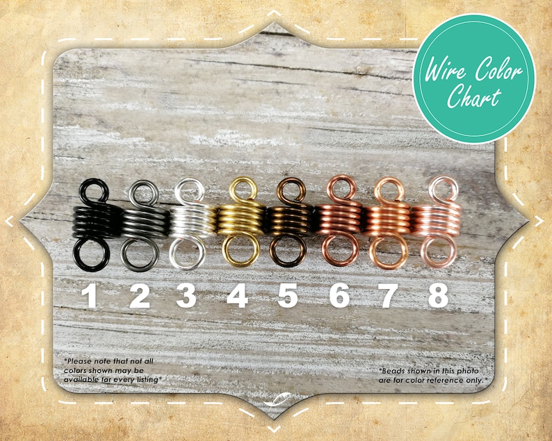 May include: Wire colour chart displaying eight different colours of wire. The colours are black, silver, gold, bronze, copper, rose gold, and two shades of copper. The wire is numbered 1 through 8.