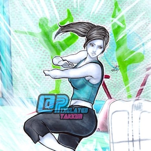 Puede incluir: Ilustración de una mujer con ropa deportiva realizando una pose de entrenamiento. Lleva una camiseta sin mangas turquesa y pantalones capri negros. El fondo presenta siluetas verdes de personas haciendo ejercicio y el texto "Pixelated Takkun".