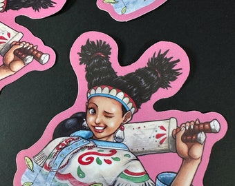 May include: A cartoon illustration of a woman with dark hair in two buns wearing a white, blue, and red patterned shirt and holding a wooden bat. The woman is winking and smiling.