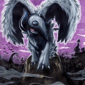 May include: A black and grey creature with wings stands on a rock against a purple and grey background. The creature has a long beak and large eyes. The background is filled with a starry sky and a full moon.
