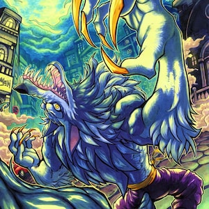 May include: An illustration of a werewolf with sharp claws and teeth, set against a cityscape under a full moon. The artwork features vibrant blues, greens, and yellows, with the word "TAKKUN" at the bottom.