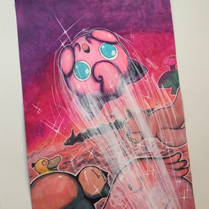 May include: A colourful watercolour illustration of various Pokémon characters set against a purple and red gradient background. The artwork includes Jigglypuff, Snorlax, Psyduck, and others, with sparkling effects and the artist's signature.