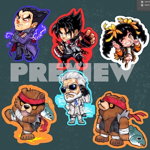 Puede incluir: Seis pegatinas de personajes de dibujos animados coloridos que representan a un hombre con un traje morado, un hombre con cabello negro, una mujer con cabello amarillo, un hombre con cabello blanco y gafas de sol, y dos osos marrones. Las pegatinas están sobre un fondo verde.