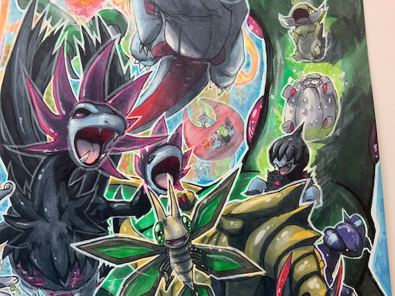 Original Framed Painting: Mega Rayquaza Pokemon Emerald 